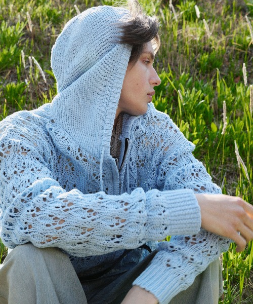 [알렌느]  SIERRA BLUE Crocher knit hood zipup(PJ102)